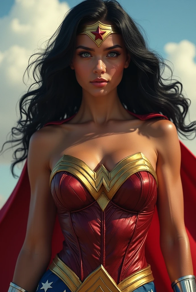 A MUSCULAR TEEN FEMALE, WITH LONG BLACK HAIR, BLUE EYES, WITH A SEXY BODY, WEARING A 1960 LYNDA CARTER WONDER WOMAN COSTUME AND RED CAPE. ABSURD 8K RESOLUTION, INCREDIBLY DETAILED SKIN AND EYES,