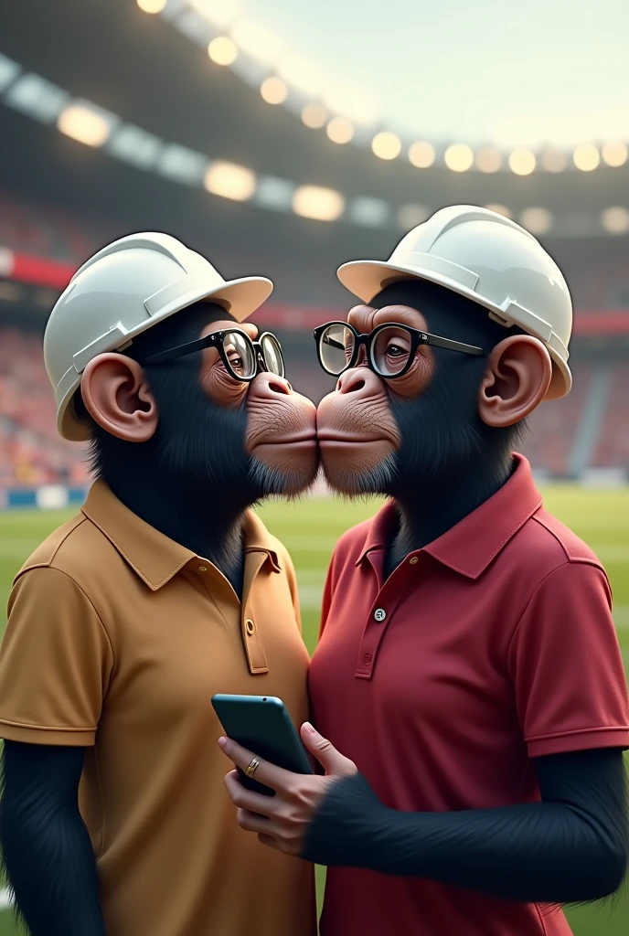 Two chimpanzees in love. The male must have a white civil engineer&#39;s helmet and the female must have glasses and a cell phone., without helmet. Both must be realistic and must have a beige and cherry colored polo shirt.. They must be in a football stadium. They must be male and female. 