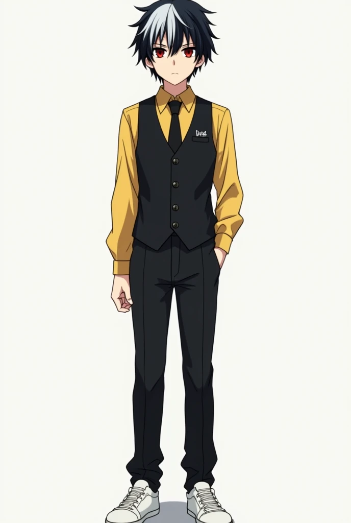 Create a pubescent Boku no hero academia style male character, tall and with a serene expression, with black sclera, red iris and black pupil, black hair with white streaks and an X-shaped scar on his cheek, with a black vest with black pants and white shoes, with a yellow shirt and a small tie
