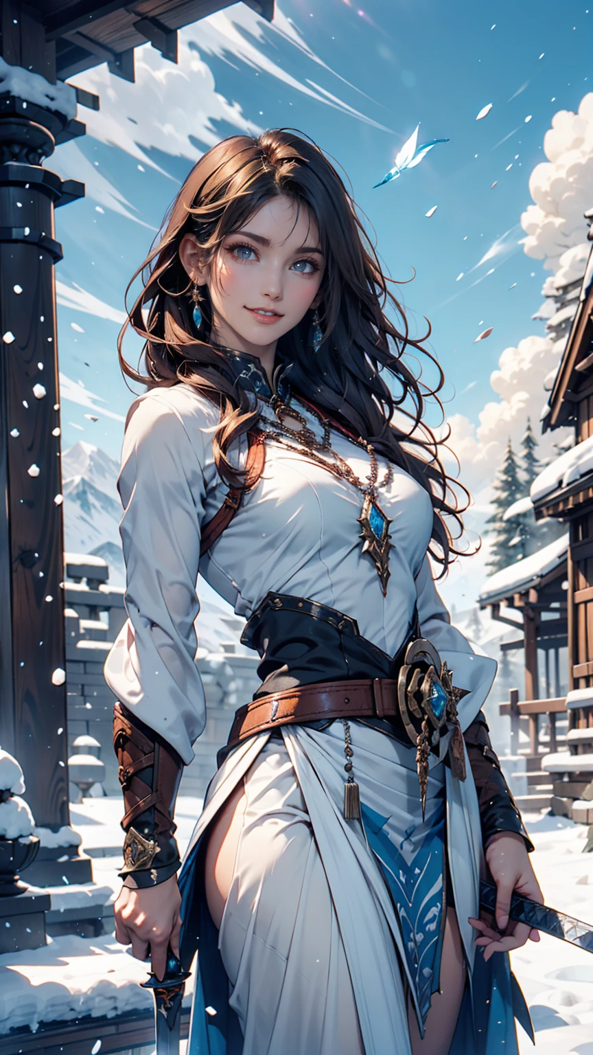 Draw the sword of the snowy mountain, Ancient woman's cold ice flame sword, In hand, the burning sword of blue flame, White-clothed sword dancing in the snow, long hair fluttering, A beautiful woman with a long silver sword, Wear the jade gem, Her face is full of confident smiles, She floats in the clouds like a fairy, Behind her is a mountain々There are layers of  
