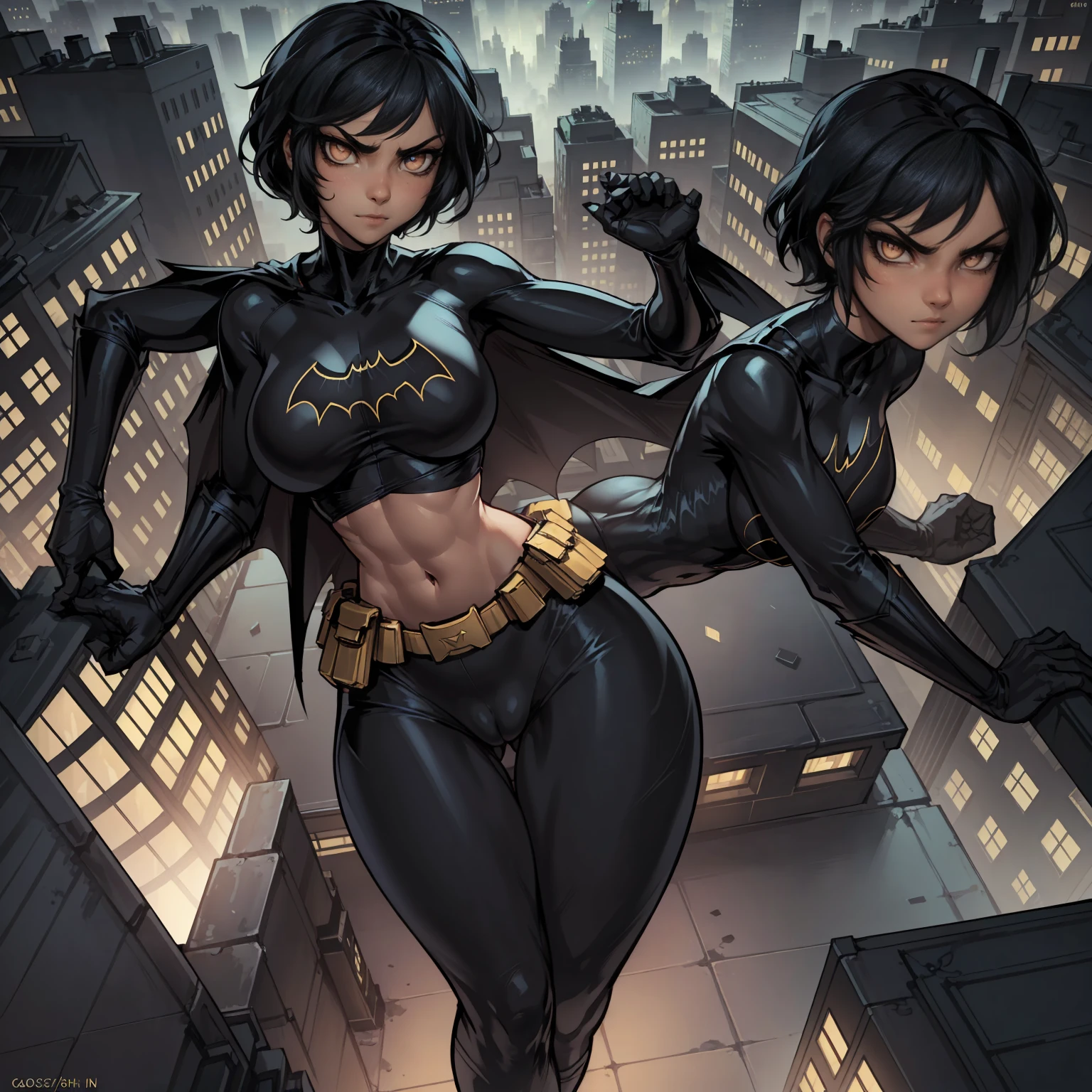 ((solo,1woman, mature, alone))), CassCain, ((short hair, black hair, glowing brown eyes, wide eyes, makeup, narrow waist, skinny, medium breast)), pelvic curtain, ((batgirl suit)), full body, perfect body, (insanely detailed, beautiful detailed face, masterpiece, best quality), (extremely detailed 8k paper CG wall unit: 1.1), (gothan city settings,rooftop, night), (serious face for the viewer), cameltoe view,