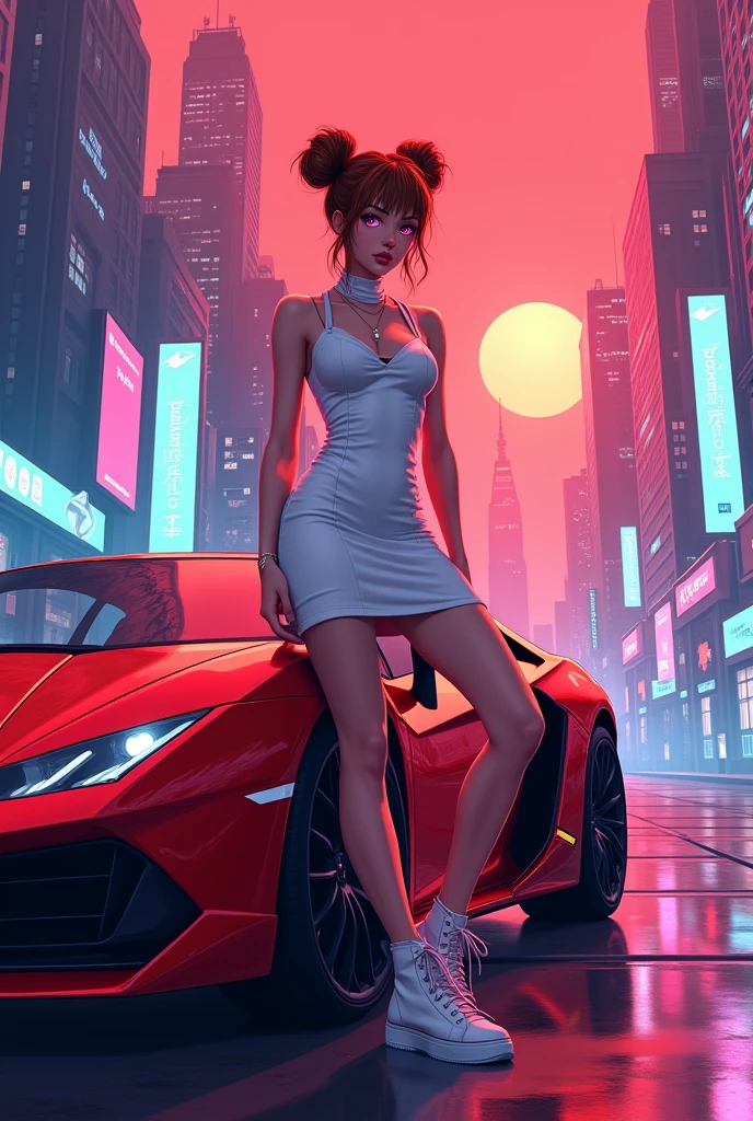Create a stylish and modern image with a girl as the centerpiece。She is wearing trendy and futuristic clothes.、With confidence、Standing next to a gorgeous neon Lamborghini。Background、Cyberpunk cityscape、Lined with skyscrapers and digital billboards、A vibrant and colorful atmosphere。The overall mood is、ambition、dream、And make cryptocurrency wealth appealing.。
Two buns and chestnut hair color、Clear pink eyes。Wear a white dress。
Car、Posing in front of a red background。Cool 2D girl、The entire illustration-style image fits within the frame。