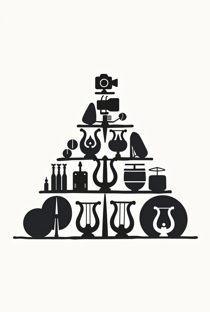 A logo of a pyramid of percussion band instruments with lyres and a camera above in a modern style