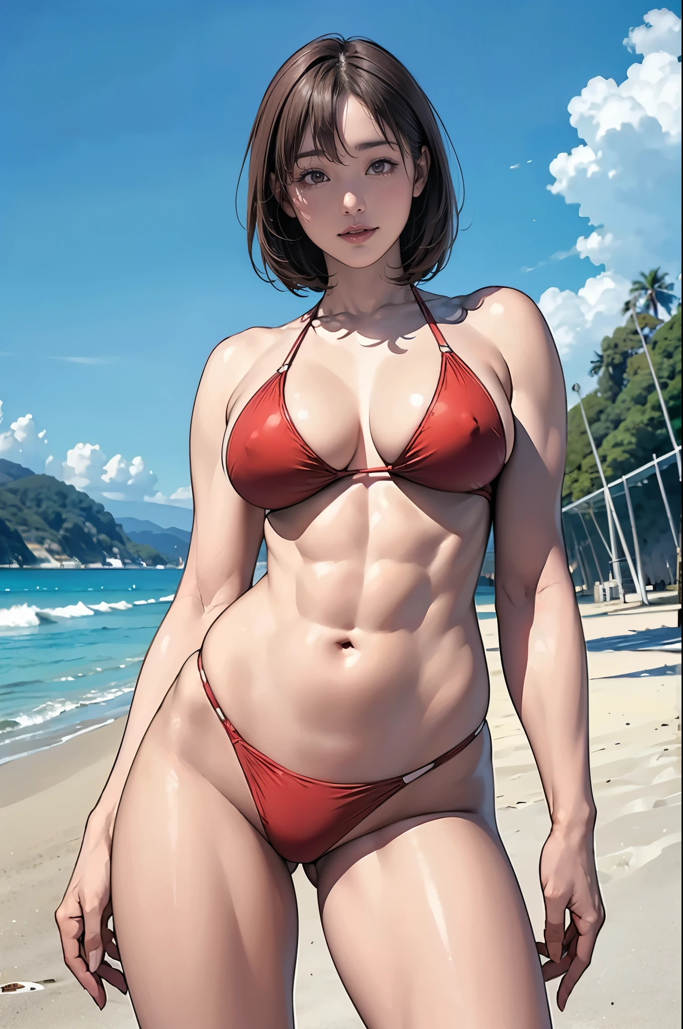 (Browsing Caution), (RAW Photos), (Realistic), (Photorealistic), Ultra-high resolution, masterpiece, Highest quality, Portraiture, facial Portraiture, Perfect lighting, Detailed lighting, Dramatic Shadows, Ray Tracing, 1 Japan Beautiful lady, 20 years old, (perfect beautiful face), Sensual, , ((voluptuous body:1.1)), Plump figure, (((muscle:1.2))), ((Abs:1.3)), ((Beautiful and delicate brown eyes)), eye shadow, Red lips, big titss, big thick ths, ((blonde short Bob Hair)), Mouth half open, (gentle smile), View your viewers, Wearing a sexy bikini, (((In beach:1.3))), ((standing pose)), ((from below:1.2)),