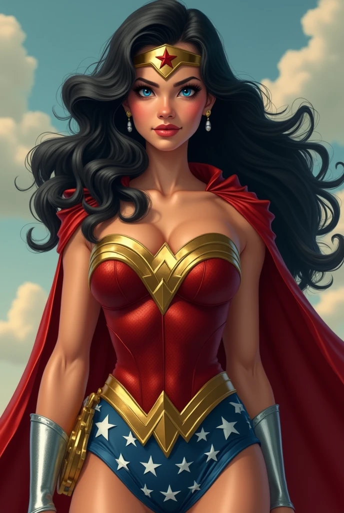 A MUSCULAR TEEN FEMALE, WITH LONG BLACK HAIR, BLUE EYES, WITH A SEXY BODY, WEARING A 1960 LYNDA CARTER WONDER WOMAN COSTUME AND RED CAPE. ABSURD 8K RESOLUTION, INCREDIBLY DETAILED SKIN AND EYES,