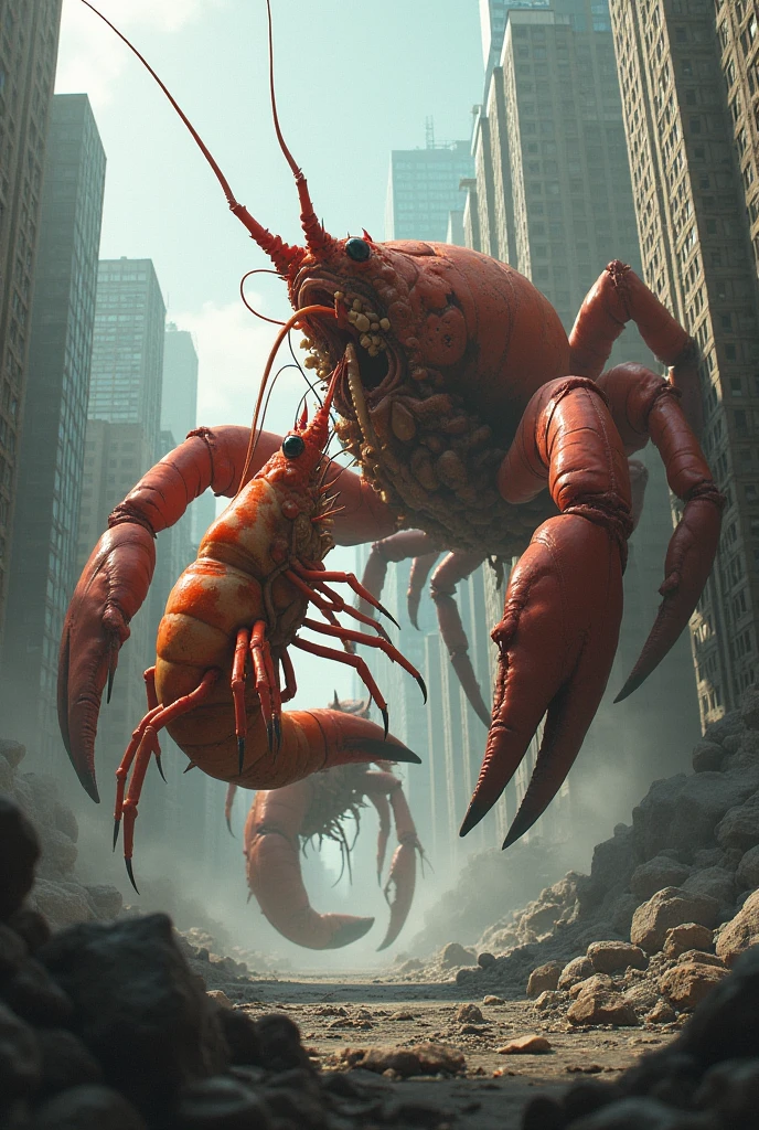 Giant shrimp fighting giant crab sideways in a melting city