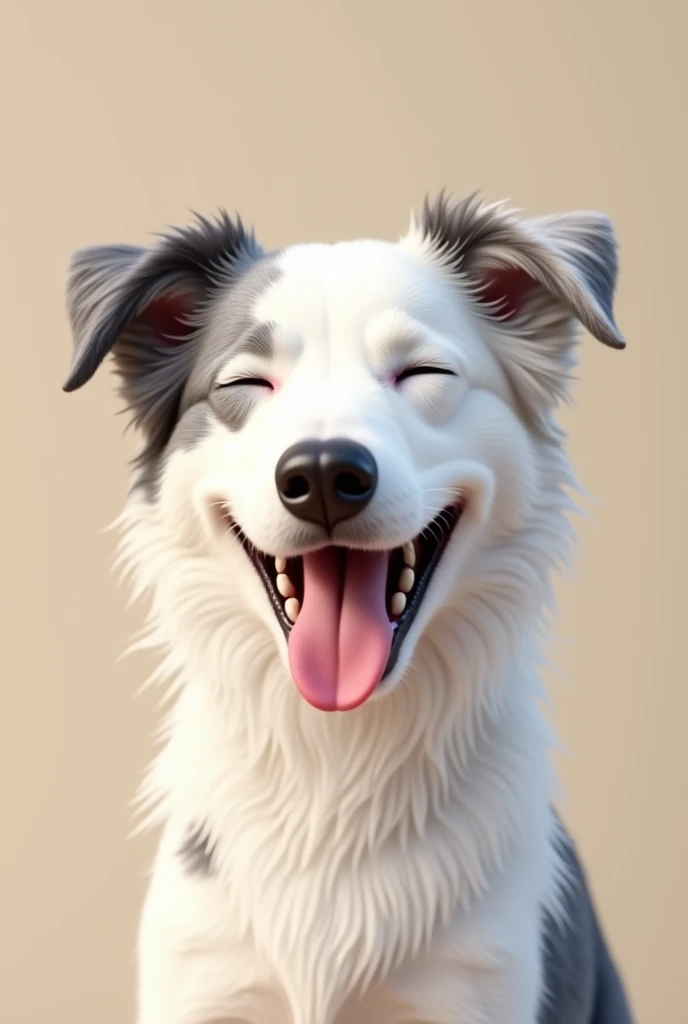 Bordercolie branco, with gray spots and with closed eyes and tongue out