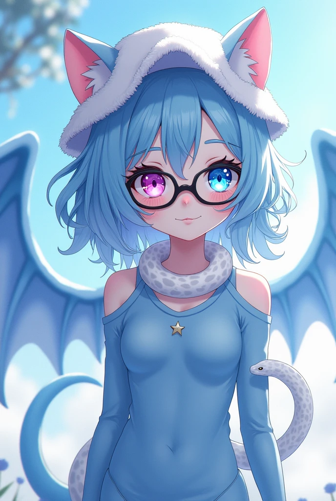 anime girl, pale white complexion, one sky blue eye and the other pink, black reading glasses, white cat hat, sky blue clothes tight to the body, large fluffy sky blue wings, a white snake on the neck, a white star pin, cute 18 year old girl, sky blue hair, long and a little wavy