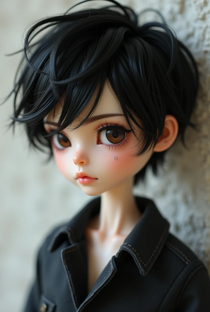Create a blythe type male doll with dark brown eyes and white skin, piercing the septum in the nose, Short black hair Shaggy style from Scooby doo and a mole under the left eye