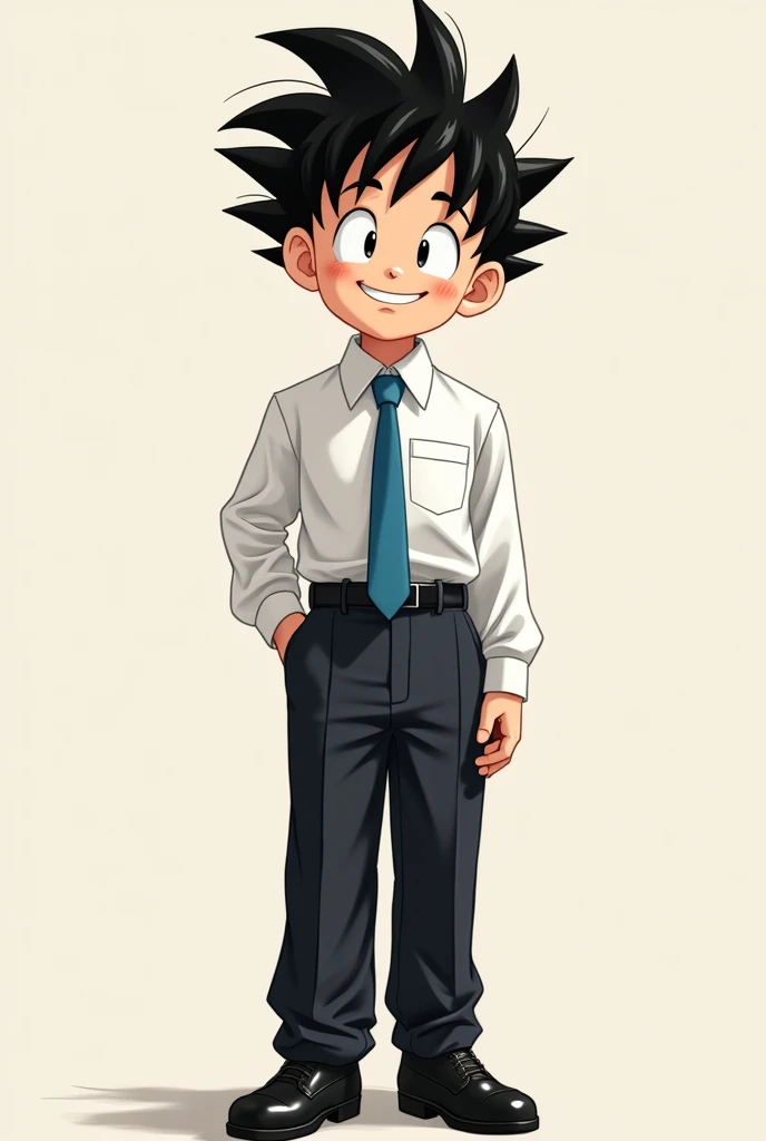 Make Goku child with white dress shirt blue tie black dress pants black belt and black shoes, make him smile and with normal shirt sleeves 