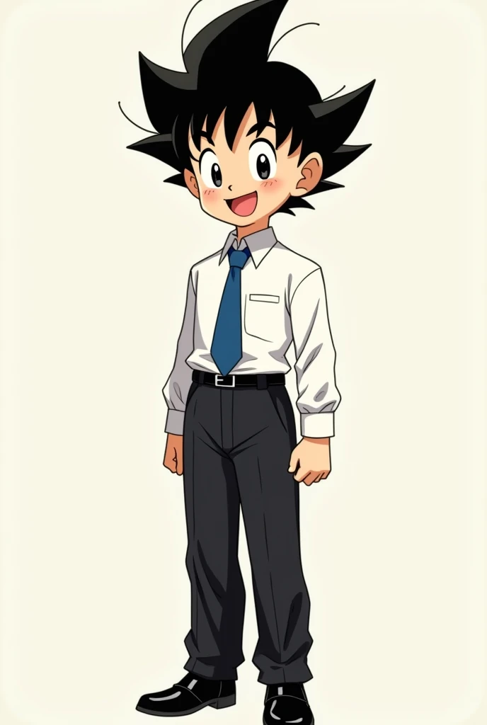 Make Goku child with white dress shirt blue tie black dress pants black belt and black shoes, make him smile and with normal shirt sleeves 