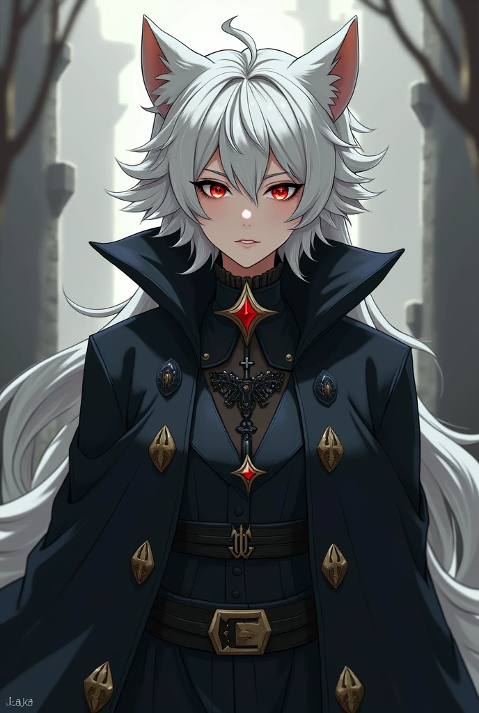 Trigression anime character wearing black clothes with white fur red eyes with medieval clothes