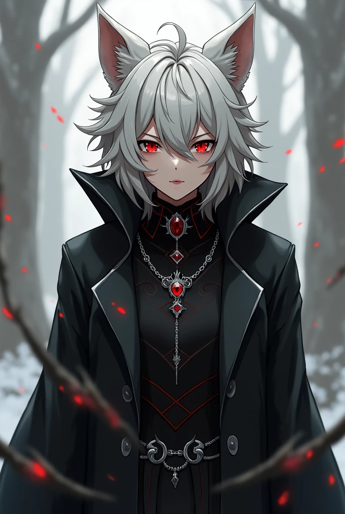 Trigression anime character wearing black clothes with white fur red eyes with medieval clothes