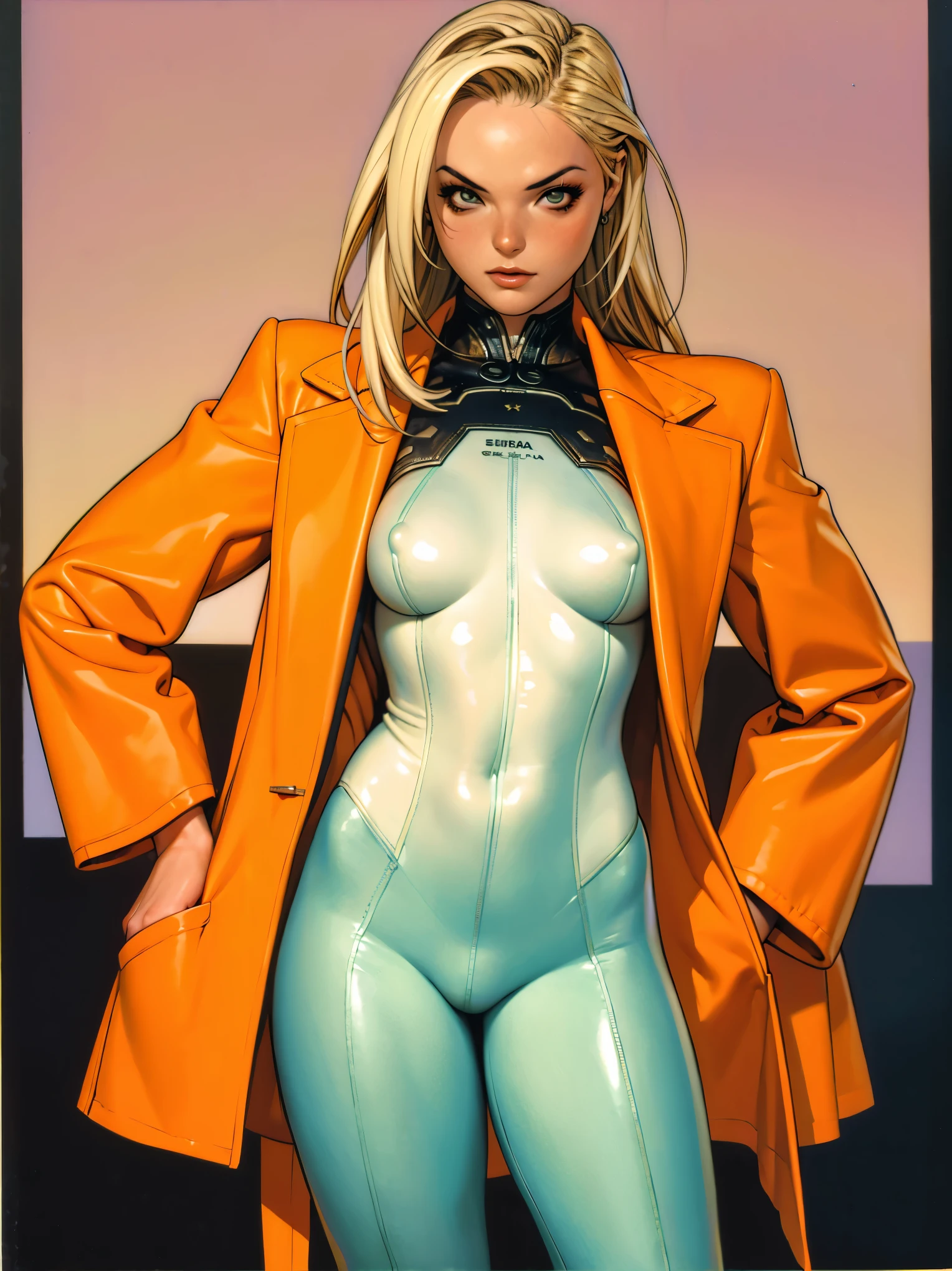 (((silvia saint))), (((long loose hair))), (((perfect ass))), ((( soldier suit ))), ((blonde haircut))), (((European girl))), ((high collar)), (((orange rusty army suit))), (((best qualityer: 1.4))), (Unbeatable masterpiece), (hiper HD),(CG 8k hyper-realistic), (((brave face))), (((breasts big))), (((hyper feminine))), sexly girl, ((( sculptural body ))), (((1 Kizi))), Kizi cibernética de 25 anos com perfectbody,,Beautiful and well-groomed face,muscular body:1.2,solid color detailed jacket, (Head to thigh photos)， Complex equipment, green dark，Long pants，Tight clothes are dark，With white stars and off-white stripes,,,,,Armor Metal Electronic Parts, Poison tattoos ) INFO, Kizi, (((standing alone))), pirralha violent, ((())), sexly, pose de atitude, work of art, post-apocalypse, (((manga style))), bounty hunter, violent, Manic, the way you want, slenderbody, thin but strong, perfectbody, roupa moderna, advanced technology, neon, sleeves with vertical striped pattern, neutral background, (( cowboy shot )). intricate visual