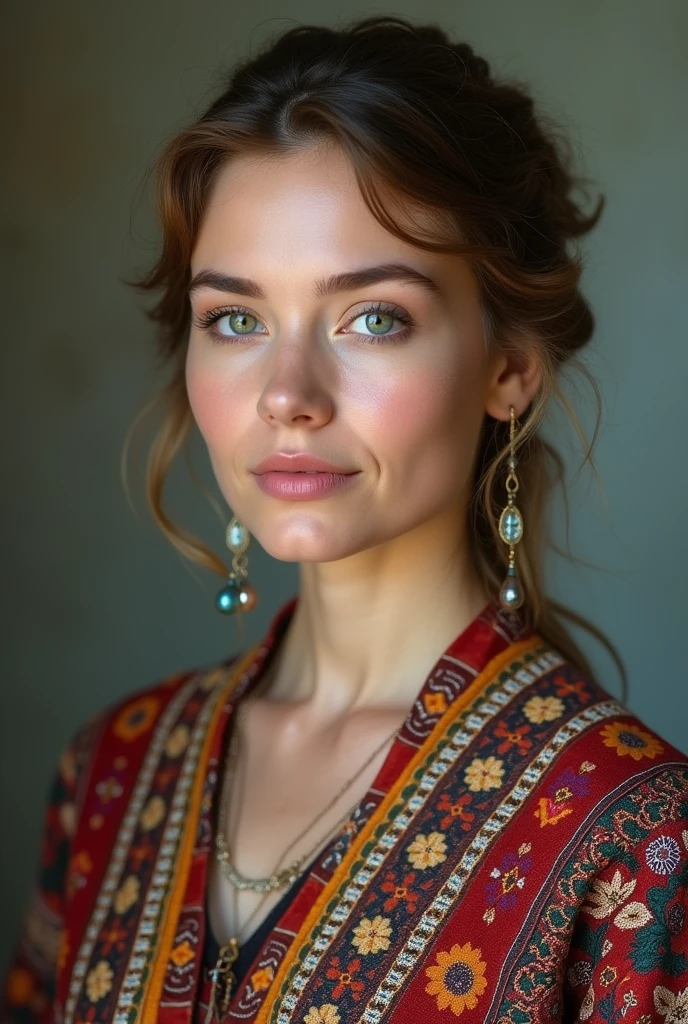 Uzbek women about 1, green eyes, in uzbek national clothing, small lips and oval face shape, dark blonde, slightly small eyes