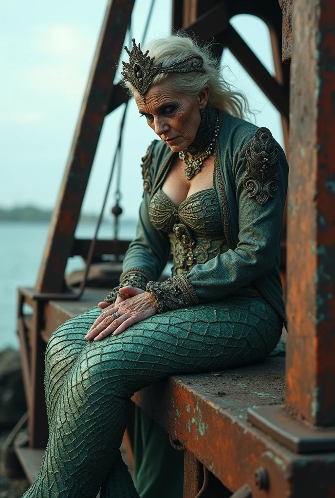 Very old woman dressed as a mermaid with heavy makeup sitting on an oil rig thoughtful and sad looking down. 