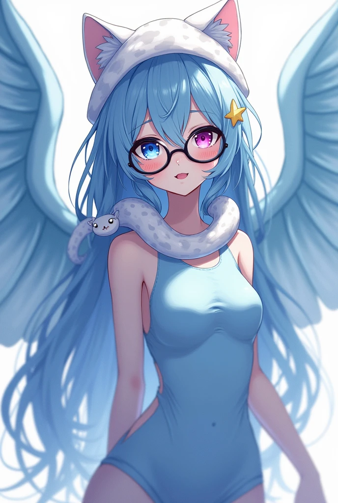 anime girl, pale white complexion, one sky blue eye and the other pink, black reading glasses, white cat hat, sky blue clothes tight to the body, large fluffy sky blue wings, a white snake on the neck, a white star pin, cute 18 year old girl, sky blue hair, long and a little wavy
