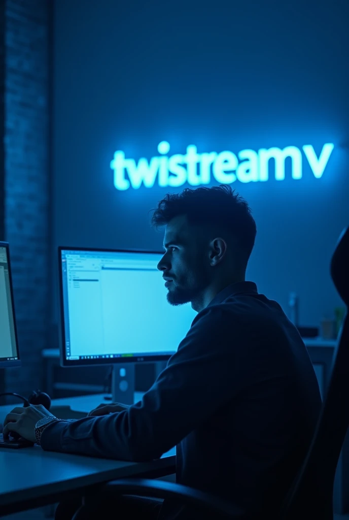 Il y a un homme assis de profil à un bureau avec deux écrans d'ordinateur., éclairage bleu et cinématique, Post-production 8k, Post-production 8K, Éclairage bleu cinématographique, Post-production 8k, Post-production 8K, composition, Cyberpunk Clay, avec éclairage cinéma, éclairage aux couleurs cinématographiques, Prise de vue cinématographique, Rendu 3D 8K tir, Portrait pris en 8Kavec le logo de "Twistreamv en bleu sur le mur"