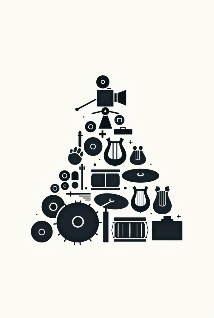 A logo of a pyramid of percussion band instruments with lyres and a camera above in a modern style