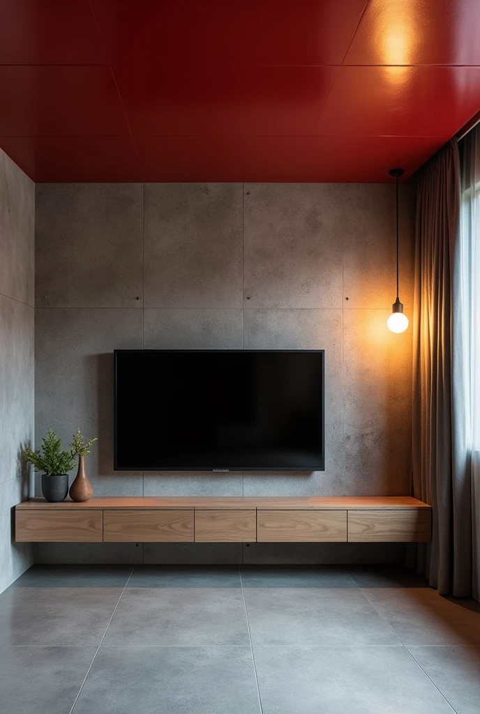 A residential room with a cherry-colored PVC-lined ceiling, the gray floor, the burnt cement effect wall where there is a television, on the right side a pendant light with two warm white bulbs