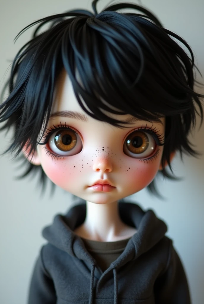 Create a blythe type male doll with dark brown eyes and white skin, piercing the septum in the nose, Short black hair Shaggy style from Scooby doo and a mole under the left eye