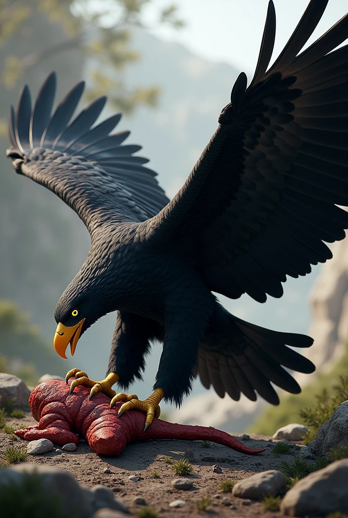 a black bald eagle feeding