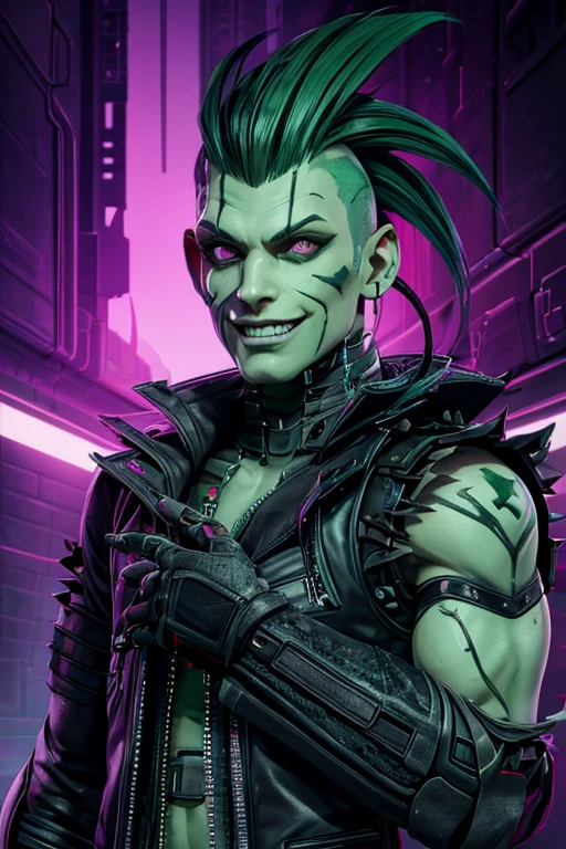Villain, sci fi male, evil smile, a rat-faced, thin man with lots of scars and cybernetic prosthetics arm, Xtreme, open black torn leather vest, dirt on his clothes and face, black outfit, toxic green punk mohawk ,in sewers, dramatic lighting, realistic colors, highres, vivid colors, stunning green toxic sewers landscape background!, 8K image quality, Masterpiece