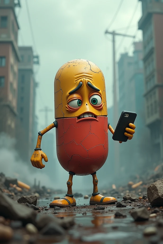 Animated pill with his tired face , with 2 arms, In one of his hands he has a cell phone, weak legs, in a catastrophic panorama full of pollution