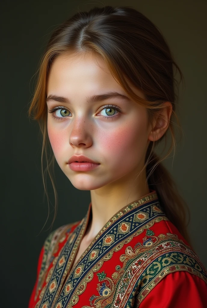 Uzbek about 1, green eyes, in uzbek national clothing, small lips and oval face shape, dark blonde, slightly small eyes