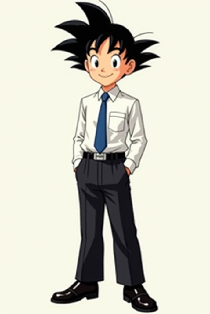 Make Goku child with white dress shirt blue tie black dress pants black belt and black shoes, make him smile and with normal shirt sleeves 
