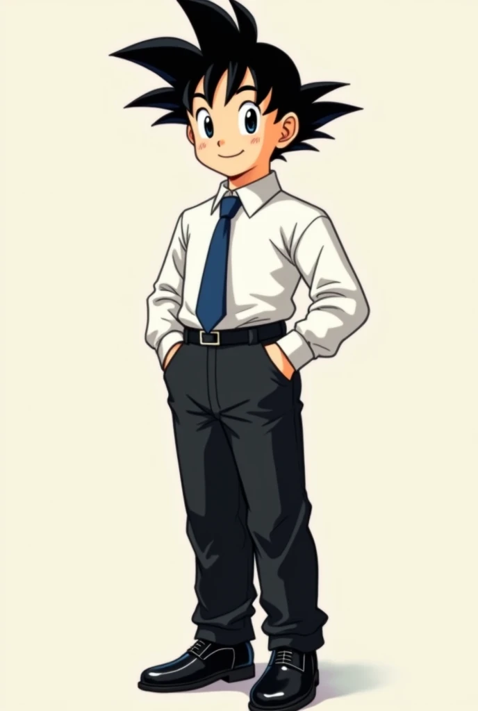 Make Goku child with white dress shirt blue tie black dress pants black belt and black shoes, make him smile and with normal shirt sleeves