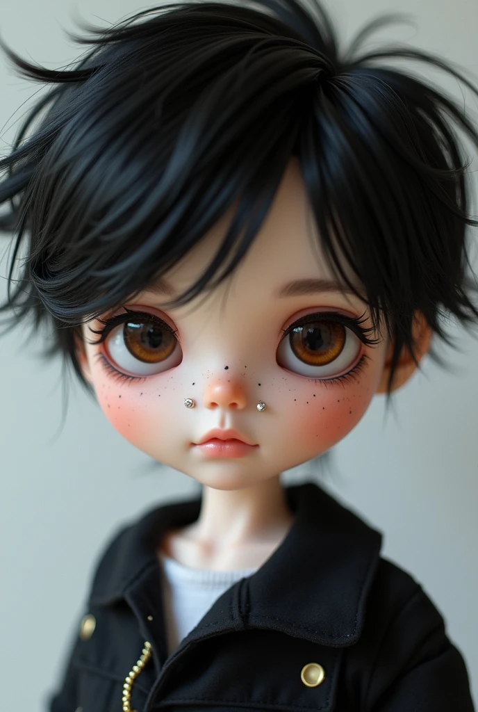 Create a blythe type male doll with dark brown eyes and white skin, piercing the septum in the nose, Short black hair Shaggy style from Scooby doo and a mole under the left eye