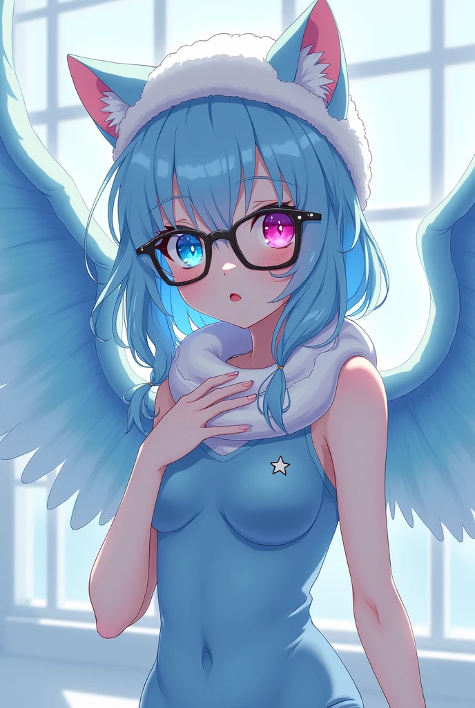 anime girl, pale white complexion, one sky blue eye and the other pink, black reading glasses, white cat hat, sky blue clothes tight to the body, large fluffy sky blue wings, a white snake on the neck, a white star pin, cute 18 year old girl, sky blue hair, long and a little wavy
