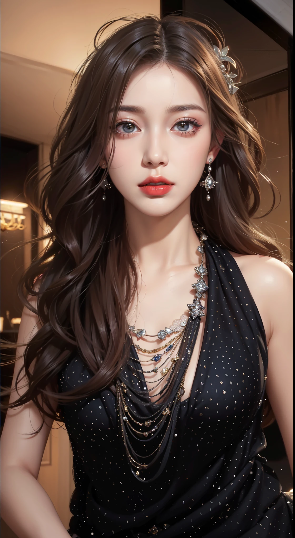 Very detailed, Delicate face, Realistic style, Stock Photography , rich and colorful, Surrealism, Realistic textures, Dramatic Lighting, Distiller 800 (8K, original photo, Better quality, masterpiece: 1.2), Very detailed, (Extremely delicate skin: 1.2), 8K Ultra HD, SLR camera, Soft Light, high quality, 冰冻Queen,, snow castle,Blue pupils,Apply red lipstick,Queen,Gorgeous clothing,gem, diamond, Gold Jewelry,Printed lace,Silk dress,珍珠diamondgem,