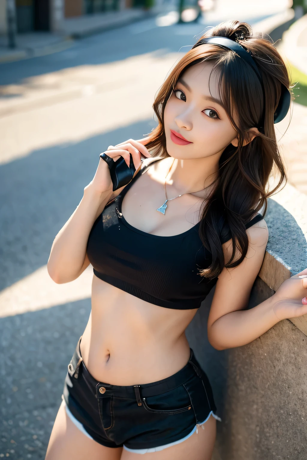 seed:381696201,((From above:1.2))、((Highest quality, 8k, masterpiece: 1.3)), concentrate: 1.2, Cute Girl 1,The nipples are erect、 Perfect beauty: 1.4,T-shirts、Shorts、Randall Color:1.1, Highly detailed face and skin textures, fine grain, double eyelid, whitening skin, ,Highest quality,Ultra-high resolution,you,1 person,alone,_Shiny_skin,iris,necklace,((brown_length_Wavy_hair)),(lips)),eyelash,Front hair,deal with,Compensate,Shiny,pore,skin texture,Large Breasts、smile、Life、((Highest quality, 8k, masterpiece: 1.3)), (Flower Cap: 1.3), concentrate: 1.2, Perfect Body Beauty: 1.4, Hip: 1.2, (Layered Haircut: 1.2)), (Dark Street: 1.3), Highly detailed face and skin textures, whole body, Delicate eyes, double eyelid, White skin, Long Hair, (Round face: 1.5), (loose crop top, Shorts: 1.6)