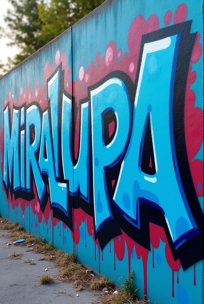 throw-up graffity for the name “miralupa” with complex big thick letters who merge together in blue shade with thick white inlines bombing paint style dripping on a outside wall with other graffity