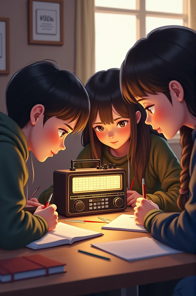 Some students gathered around a radio where information on different topics is broadcast and the students listen attentively writing