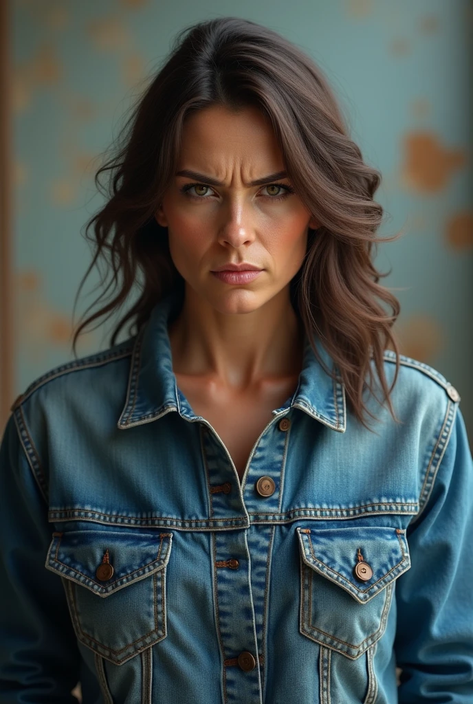 angry looking mom with blue Jean jacket on