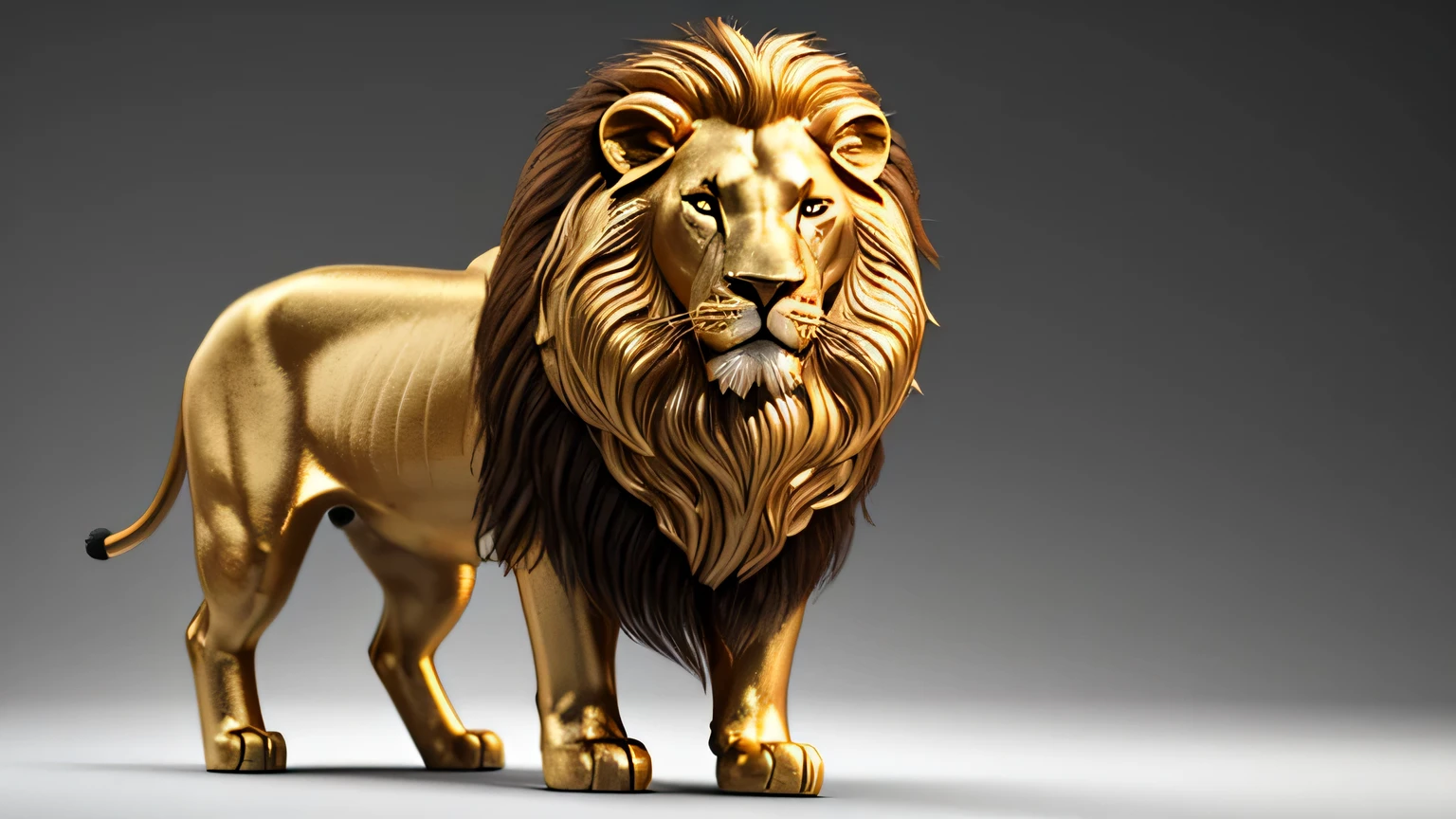 full 3d Lion standing, with long brown and gold hair. Lion head with strong luxury with white background design, ultra-wide 8k shot
