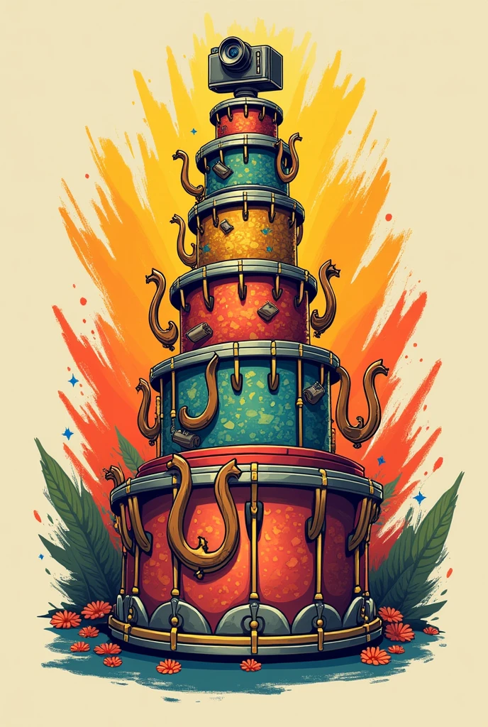 A logo of a pyramid of band drums with lyres and a camera above in comic style