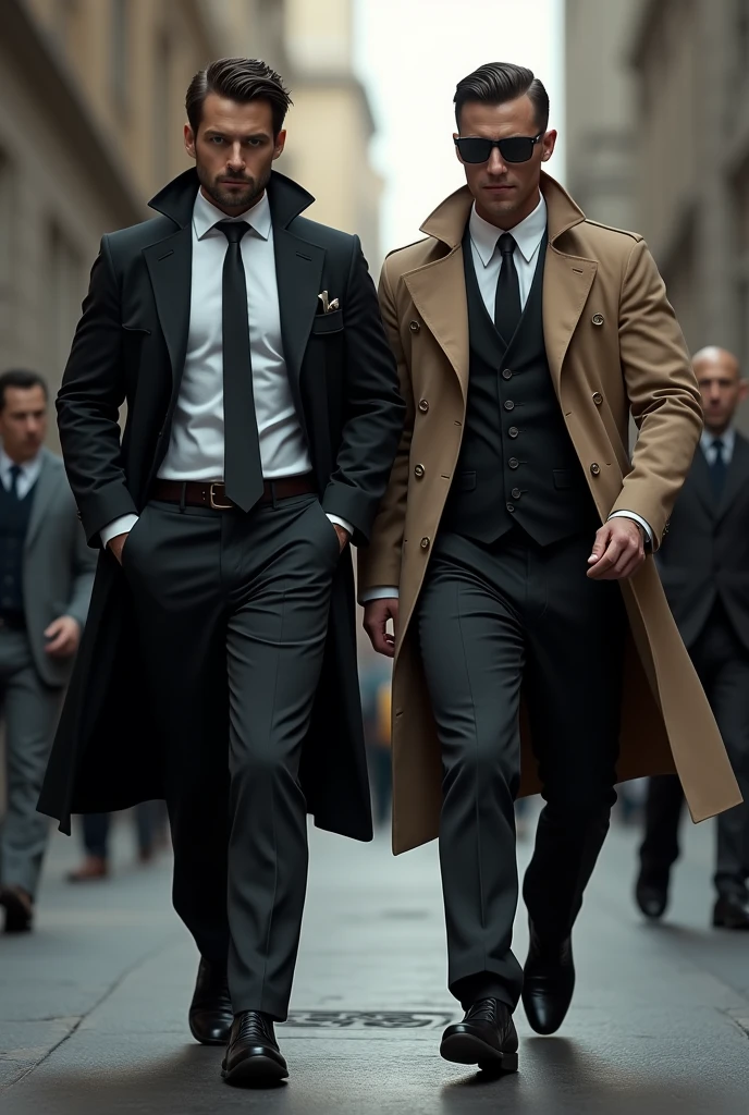 two detectives,
Detective 1: Camisa formal de blanco con tie a juego, blazer to match the shirt, Dark formal trousers and formal shoes Detective 2: White shirt with black vest, tie, Trench coat, dark formal pants formal shoes