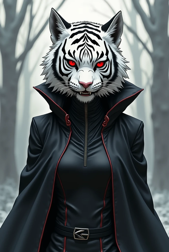 Anime character tiger with white fur and red eyes and black clothes