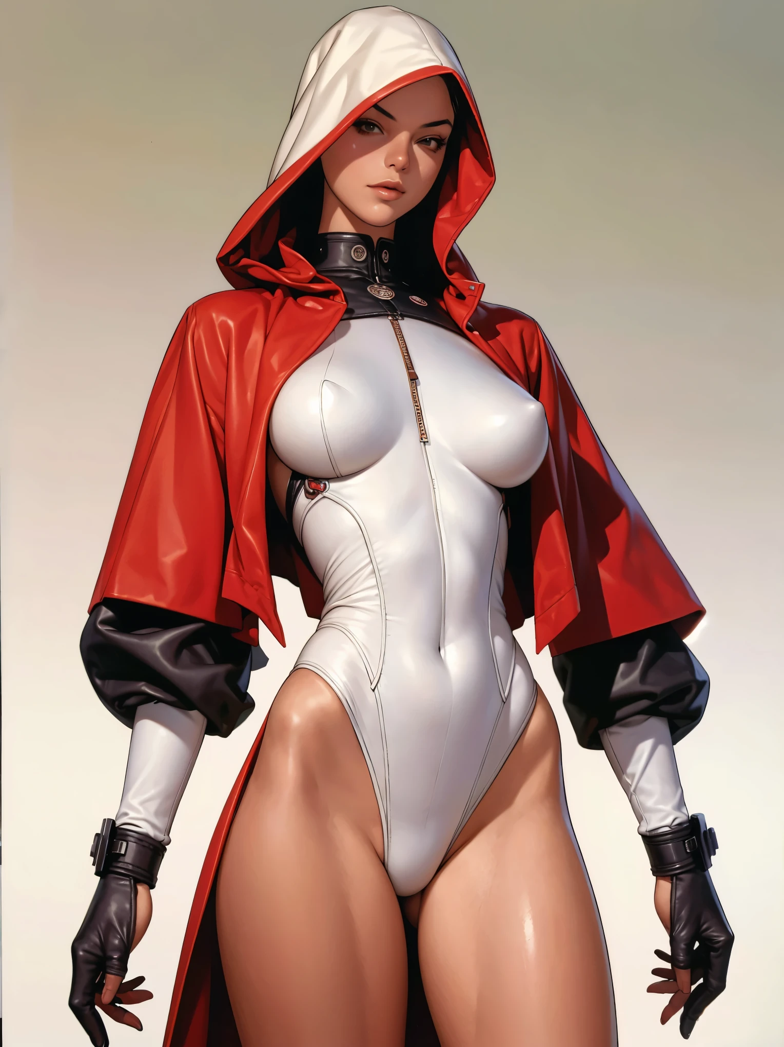 (((hooded cloak))), (((red suit))), (((back view))), (((perfect ass))), ((( soldier suit ))), (((Black short haircut))), (((Afro girl))), ((high collar)), (((red army suit))), (((best qualityer: 1.4))), (Unbeatable masterpiece), (hiper HD),(CG 8k hyper-realistic), (((brave face))), (((breasts big))), (((hyper feminine))), sexly girl, ((( sculptural body ))), (((1 Kizi))), Kizi cibernética de 25 anos com perfectbody,,Beautiful and well-groomed face,muscular body:1.2,solid color detailed jacket, (Head to thigh photos), Complex equipment, green dark,Long pants,Tight clothes are dark,With white stars and off-white stripes,,,,,Armor Metal Electronic Parts, Poison tattoos ) INFO, Kizi, (((standing alone))), pirralha violent, ((())), sexly, pose de atitude, work of art, post-apocalypse, (((manga style))), bounty hunter, violent, Manic, the way you want, slenderbody, thin but strong, perfectbody, roupa moderna, advanced technology, neon, sleeves with vertical striped pattern, neutral background, (( cowboy shot )). intricate visual