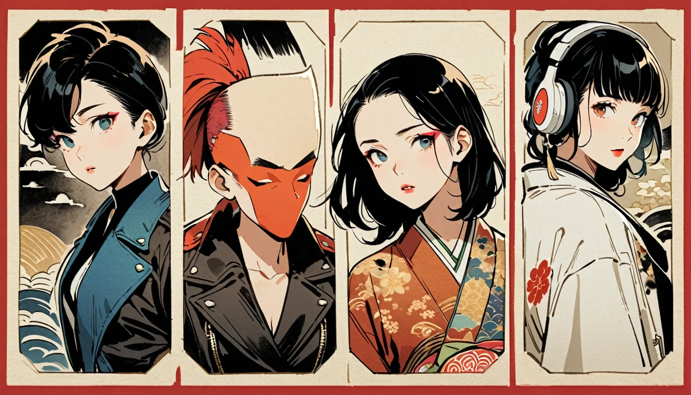 (((Ink Painting))), (((from above))), (((3 women))), (((Leather jacket with Japanese patterns))), (((Mohawk))), (((Very flashy makeup))), Japanese style headphones, face close-up, front view, Japan人の美少女, Black Hair, Delicate and precise, Modern ukiyo-e style,Japan, Droopy eyes, round face, Glare, Fuller lips, vivid color