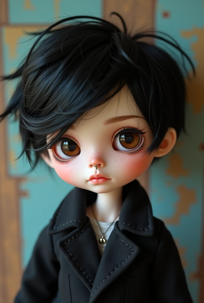 Create a male blythe type doll with dark brown eyes, white skin, septum piercing through the respiratory holes of the nose, Short black hair Shaggy style from Scooby doo and a mole under the left eye