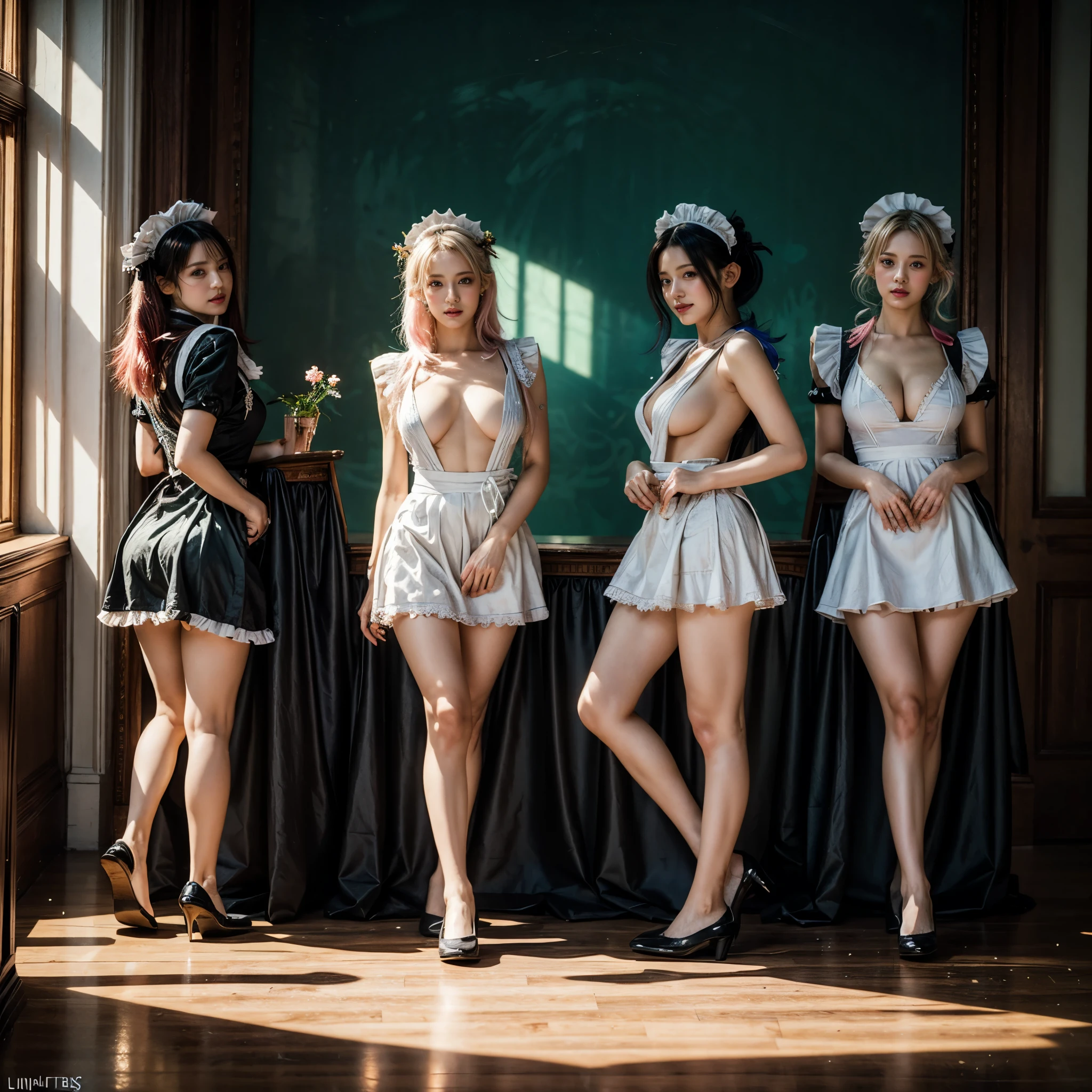 (Full Body of Extremely Detailed((Sexy Maid Group in a row:1.37))), KAWAII perfect face, Reflective Eyes, Detailed(Delicate Clothing textures), Correct Leg Line, Dynamic Joyful Expressions LifeLike Rendering, Specular Reflection, TopQuality 8K Ultra-detailed masterpiece (ProfessionalPhoto:1.37), (Acutance:0.8), (Luminism:1.28), (Renaissance art style), Colorful Light particles, ((Full body from side)), {Kissing|Thigh Gap|AssFocus|(NakedApron with Overflowing SideBoob)|[Gold NippleSticker]}, Radiant Fine Skin with Transparency, (Exposed:0.4), (Different types of Anime hair color){Pink Hair|LitghtBlue Hair|Platinum Blonde|Pure White Hair|Liquid Hair}, Perfect Lighting 