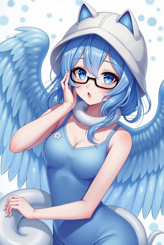anime girl, pale white complexion, blue eyes, black reading glasses, white cat hat, sky blue clothes tight to the body, large fluffy sky blue wings, a white snake on the neck, a white star pin, cute 18 year old girl, sky blue hair, long and a little wavy