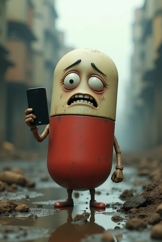 Animated pill with his tired face , with 2 arms, In one of his hands he has a cell phone, weak legs, in a landscape full of pollution 