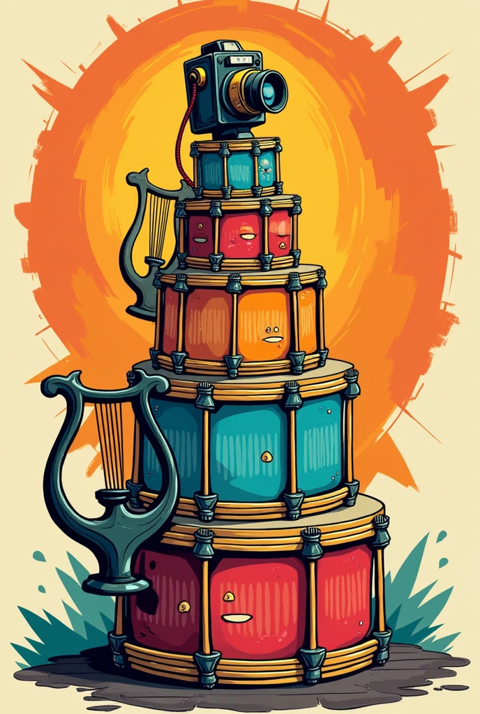 A logo of a pyramid of band drums with lyres and a camera above in comic style