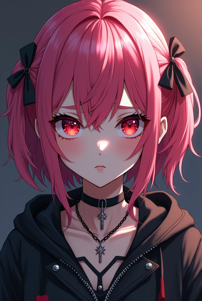 Anime girl whit pink hair and emo style and emo outfit red eyes